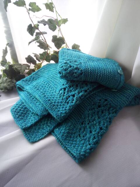 Hand Knitted Chunky Blanket & Pillowcase Set Emerald Turquoise Travel Quilt - image 1