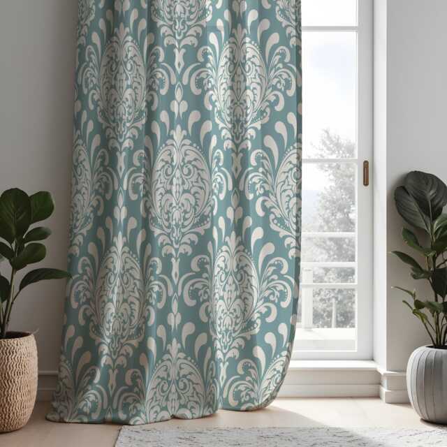 Teal Damask Curtains, Classic Pattern Drapes, Custom Size Window Panels For Bedroom Or Traditional Curtains - image 1