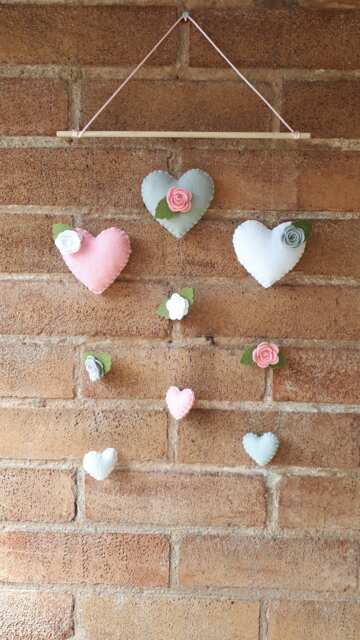 Heart & Rose Wall Hanging, Girls Room, Bedroom, Nursery, Shabby Chic, Felt Hearts, Pink Grey Decor, Valentines - image 1