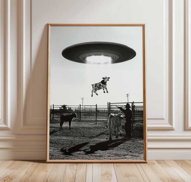 Surreal Ufo Cow Abduction Art Print, Sci-Fi Western Decor - image 1