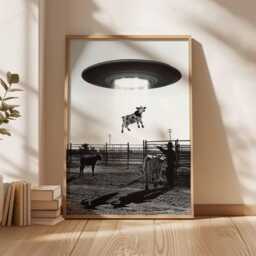 Surreal Ufo Cow Abduction Art Print, Sci-Fi Western Decor - thumbnail 3