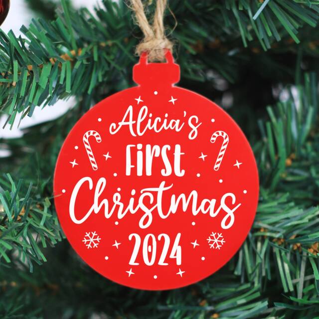 Personalised First Christmas Ornament, 2024 Bauble, Baby's 1st Christmas, Red Acrylic Hanging Tree Decoration - image 1