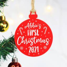 Personalised First Christmas Ornament, 2024 Bauble, Baby's 1st Christmas, Red Acrylic Hanging Tree Decoration - thumbnail 3