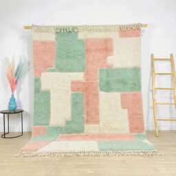 Hand Tufted Moroccan Peach & Green Berber Rug, Authentic Beni Ourain Carpet, Large Area Handwoven Wool Shag Rug With Geometric Blocks