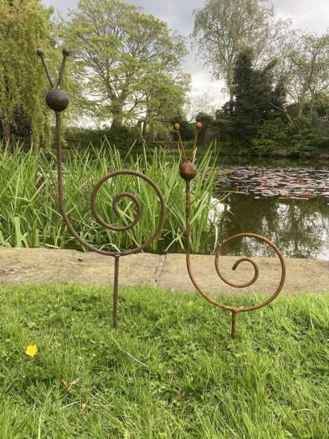 Set Of 2 Metal Garden Hand-Made Rusty Snail Stake Ornaments - image 1