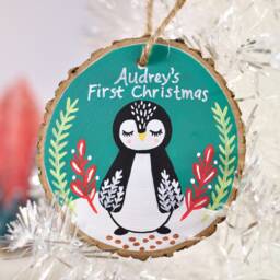 Baby First Christmas Ornament, Personalized Gift, Penguin Gift For Kids, Baby, Name Custom Girl - thumbnail 1