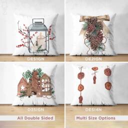 Christmas Candles Suede Cushion Covers With Lantern, Pine Cone, Wood & Leaves - Double Sided Printed Soft Fabric Multi-Sizes