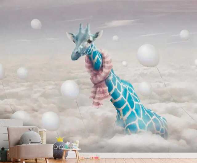 Giraffe in Clouds Wall Mural Gray Baby Boy Blue Wallpaper Baby Room Wall Decor Customizable Removable Decals - image 1