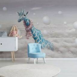 Giraffe in Clouds Wall Mural Gray Baby Boy Blue Wallpaper Baby Room Wall Decor Customizable Removable Decals - thumbnail 2