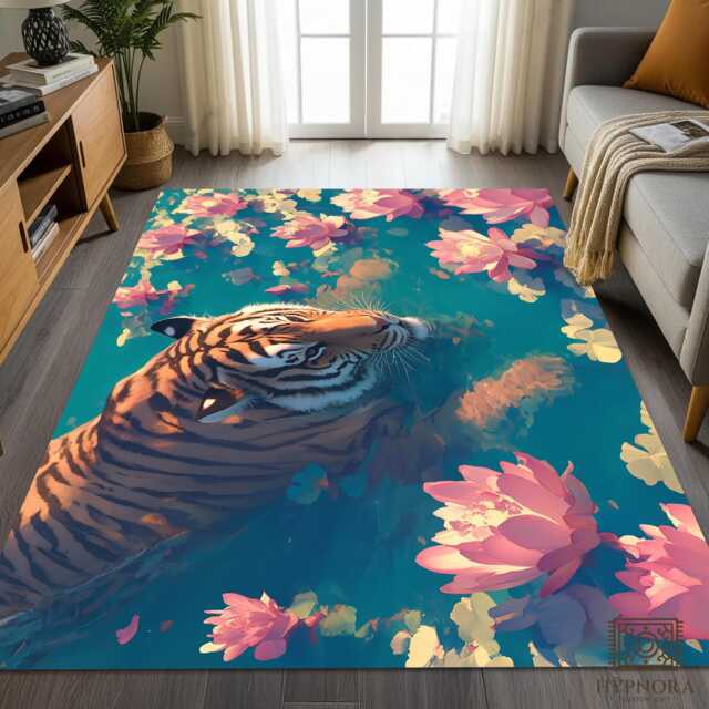 Tiger Lotus Rug - Serene Wildlife Tile Mat Nature Decor Washable Carpet - image 1