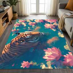 Tiger Lotus Rug - Serene Wildlife Tile Mat Nature Decor Washable Carpet
