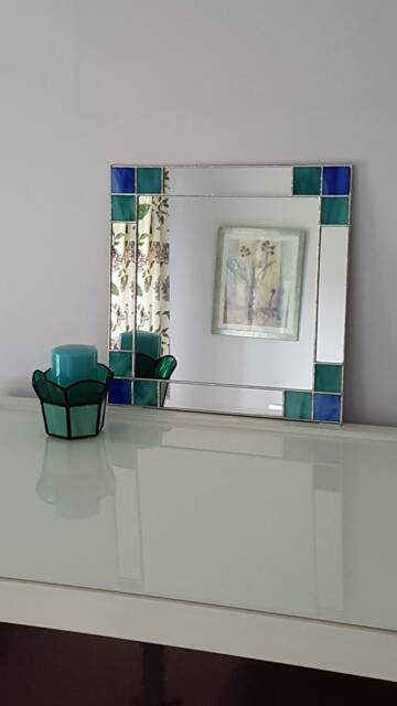 Small Art Deco Mirror - Hand Crafted With Genuine Teal/Bluestained Glass - image 1