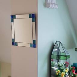 Small Art Deco Mirror - Hand Crafted With Genuine Teal/Bluestained Glass - thumbnail 3