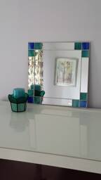 Small Art Deco Mirror - Hand Crafted With Genuine Teal/Bluestained Glass