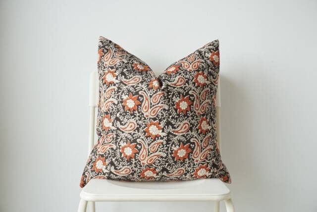 "Block Print Pillow Cover Floral Batik, Boho Farmhouse Decor - 20"" X 20" - image 1