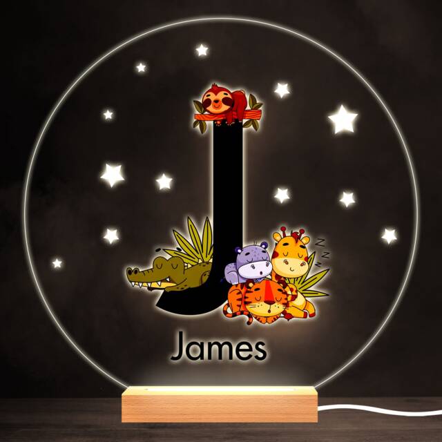 Sleeping Baby Safari Animals Letter J Round Personalised Gift Lamp Night Light - Bedroom - image 1