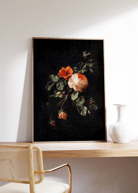Antique Flower Painting, Floral Print, Still Life With Roses , Dark Academia Decor, Moody Wall Art, Botanical Digital Oil Painting - image 1