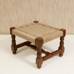 Handmade Jute Ottoman Footstool, Antique Square Wooden Stool, Boho Farmhouse Pouf, Rustic Accent - thumbnail 2