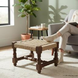 Handmade Jute Ottoman Footstool, Antique Square Wooden Stool, Boho Farmhouse Pouf, Rustic Accent - thumbnail 1