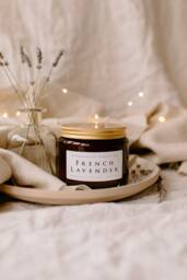 French Lavender Luxury Amber Glass Candle. Soy Wax, Handmade, Vegan, Eco Friendly - thumbnail 1