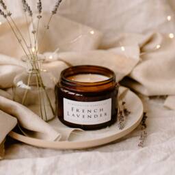 French Lavender Luxury Amber Glass Candle. Soy Wax, Handmade, Vegan, Eco Friendly - thumbnail 2