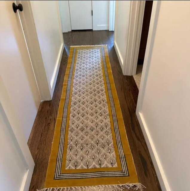 Hand Block Printed Stair Runner Rug Mustard Yellow Kilim, Custom Size - image 1