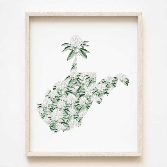 West Virginia State Flower Map Watercolor Rhododendron - Art Print Wall Graduation Wedding Anniversary Realtor Moving Gift - image 1