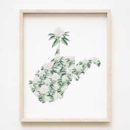 West Virginia State Flower Map Watercolor Rhododendron - Art Print Wall Graduation Wedding Anniversary Realtor Moving Gift - thumbnail 1