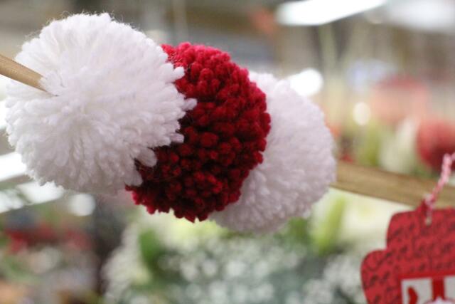 Red & White Yarn Pompom Christmas Garland, Holiday Decor - image 1