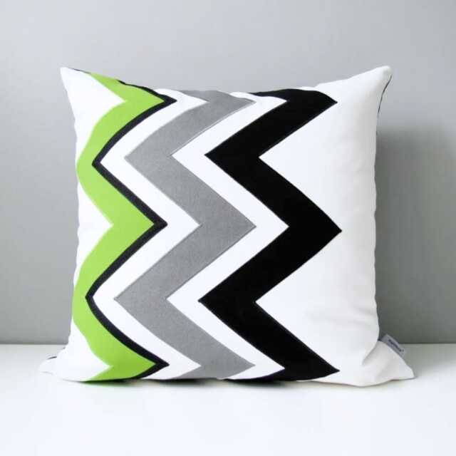 Black & White Chevron Sunbrella?? Outdoor Pillow Cover With Lime Green Accent, Geometric Cushions For Patio & Pool Lounge Chairs, Mazizmuse - image 1