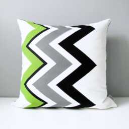 Black & White Chevron Sunbrella?? Outdoor Pillow Cover With Lime Green Accent, Geometric Cushions For Patio & Pool Lounge Chairs, Mazizmuse - thumbnail 1