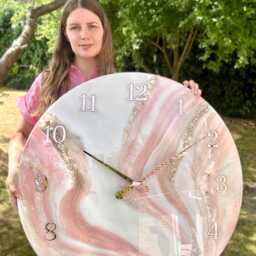 Extra Large Pink Epoxy Wall Clock, Modern Marble Home Decor - thumbnail 2