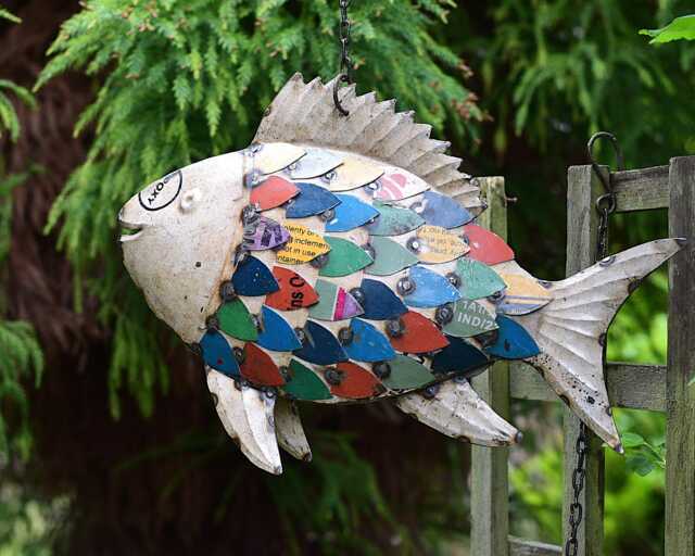 Recycled Metal Fish Wall Hanging, Rustic Coastal Garden Art, Colourful Artisan Ornament - image 1
