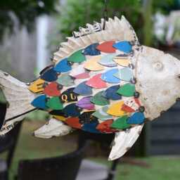 Recycled Metal Fish Wall Hanging, Rustic Coastal Garden Art, Colourful Artisan Ornament - thumbnail 3