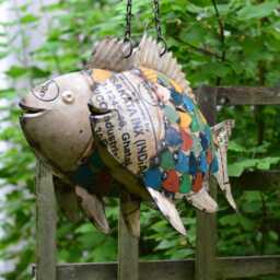 Recycled Metal Fish Wall Hanging, Rustic Coastal Garden Art, Colourful Artisan Ornament - thumbnail 4