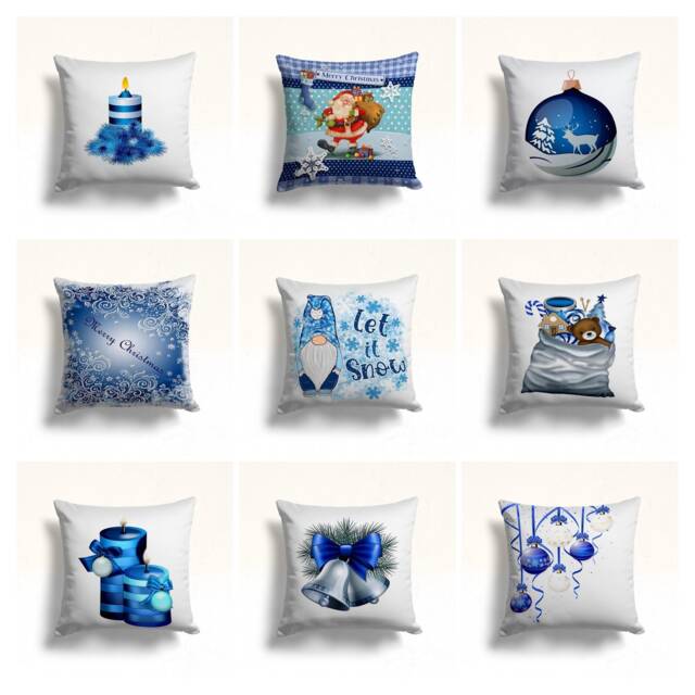 Christmas Pillow Case-Merry Home Decoration-Winter Trend Textiles-Snow Cushion Cover-Blue Ring Bells&candles - image 1