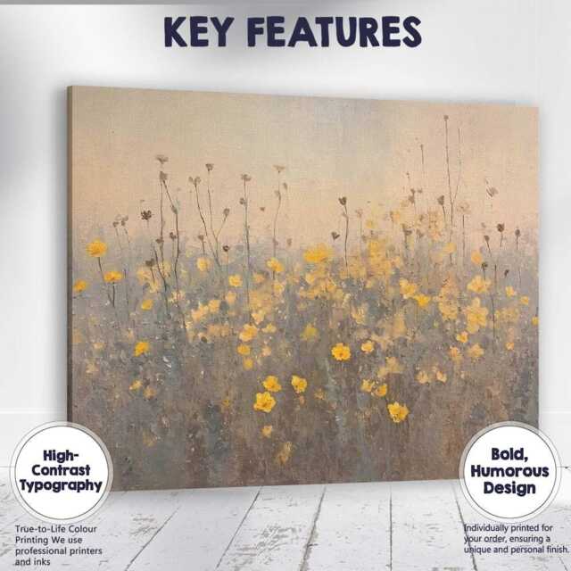Delicate Yellow Wildflower Meadow Textured Botanical Painting Canvas Wall Art Print Decor Picture Ready To Hang - image 1