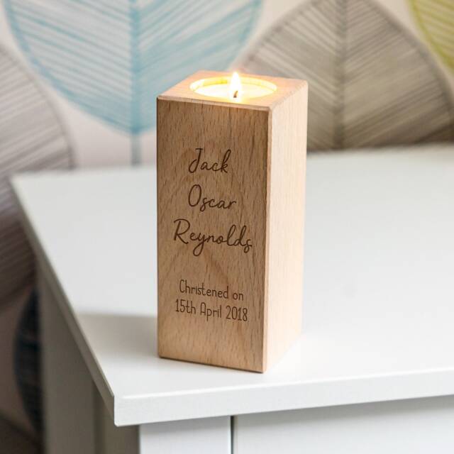 Wood Candle Holder - Christening Gift Personalised Tea Light For Keepsake Lc357 - image 1