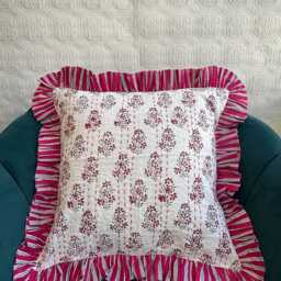 Quilted Kantha Stitch Cushion Pure Soft Cotton Cover - Gardenia Floral Home Decor Interiors Bed Bedroom Living White Pink Red - thumbnail 3