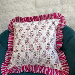Quilted Kantha Stitch Cushion Pure Soft Cotton Cover - Gardenia Floral Home Decor Interiors Bed Bedroom Living White Pink Red - thumbnail 2