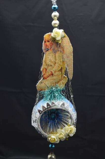 Vintage Christmas Ornament With Dresden Trims, Victorian Die Cuts & Mercury Glass Beads - image 1