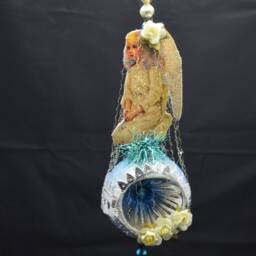 Vintage Christmas Ornament With Dresden Trims, Victorian Die Cuts & Mercury Glass Beads - thumbnail 2