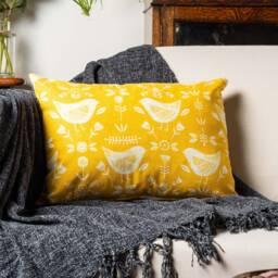 Scandinavian Birds Boudoir Cushion. Modern Ochre Yellow With & Geometric Floral Design. Made From 100% Cotton. 17x12 - thumbnail 1