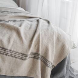 Natural Linen Throw Blanket With Black Stripes, Softened Heavyweight Blanket, Farmhouse Bed Striped Cover - thumbnail 3