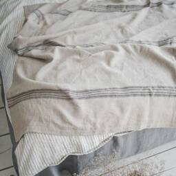 Natural Linen Throw Blanket With Black Stripes, Softened Heavyweight Blanket, Farmhouse Bed Striped Cover - thumbnail 2