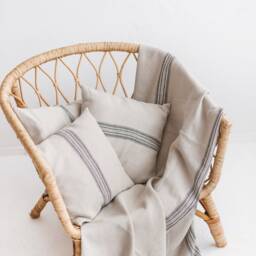 Natural Linen Throw Blanket With Black Stripes, Softened Heavyweight Blanket, Farmhouse Bed Striped Cover - thumbnail 4