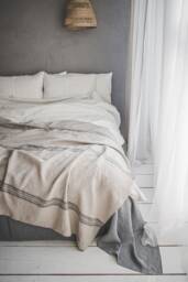 Natural Linen Throw Blanket With Black Stripes, Softened Heavyweight Blanket, Farmhouse Bed Striped Cover