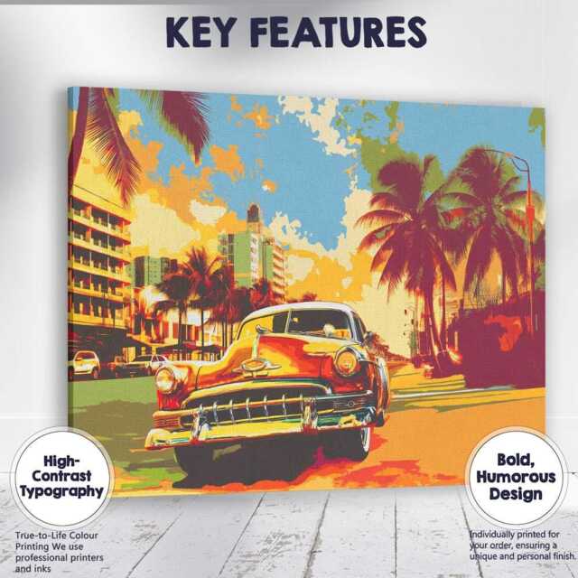 Tropical Palm Tree Boulevard Classic American Car Pop Art Canvas Wall Print Decor Picture Ready To Hang - image 1