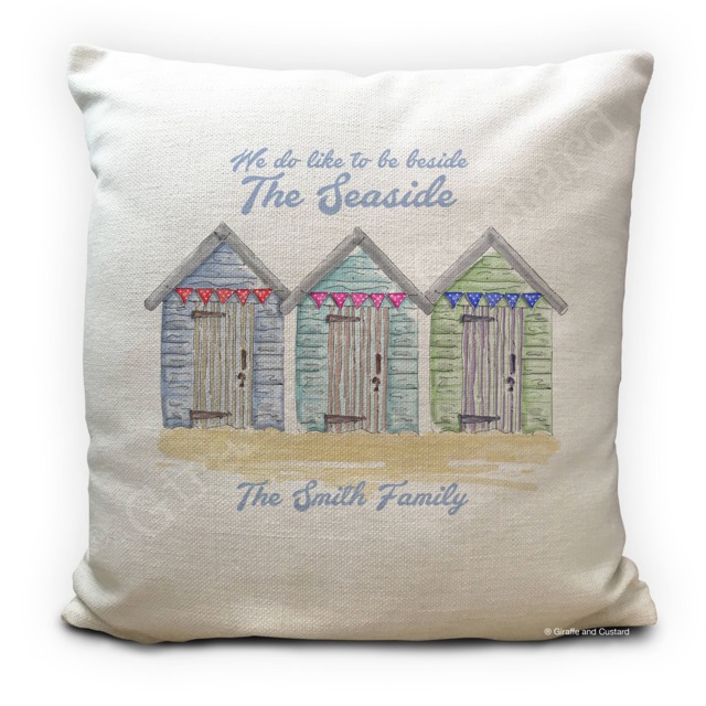 Beach Hut Gift Personalised Cushion Cover, Beside The Seaside Print, Family Holiday Accessories, Summer House Home Decor - 40cm 16 Inches - image 1
