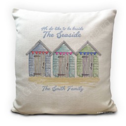 Beach Hut Gift Personalised Cushion Cover, Beside The Seaside Print, Family Holiday Accessories, Summer House Home Decor - 40cm 16 Inches - thumbnail 1